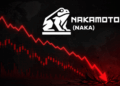 Una flecha roja descendente y el logo de la empresa Nakamoto.