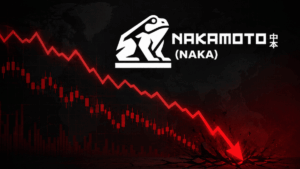Una flecha roja descendente y el logo de la empresa Nakamoto.