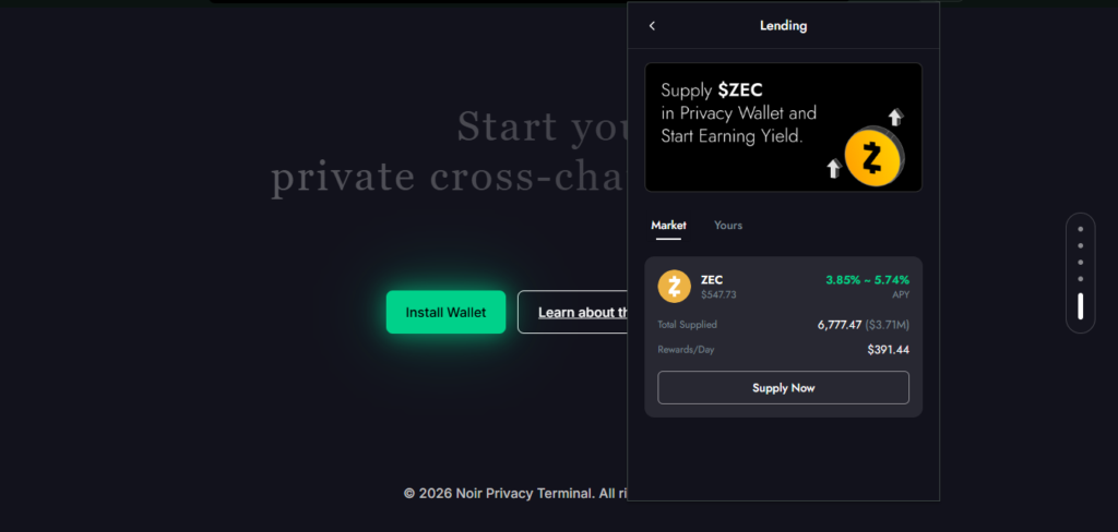 Interfaz de la aplicación de criptomonedas Noir Wallet