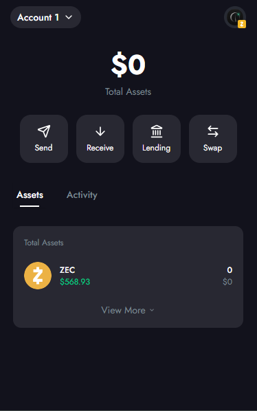 Interfaz de una wallet de la criptomonedas Zcash.