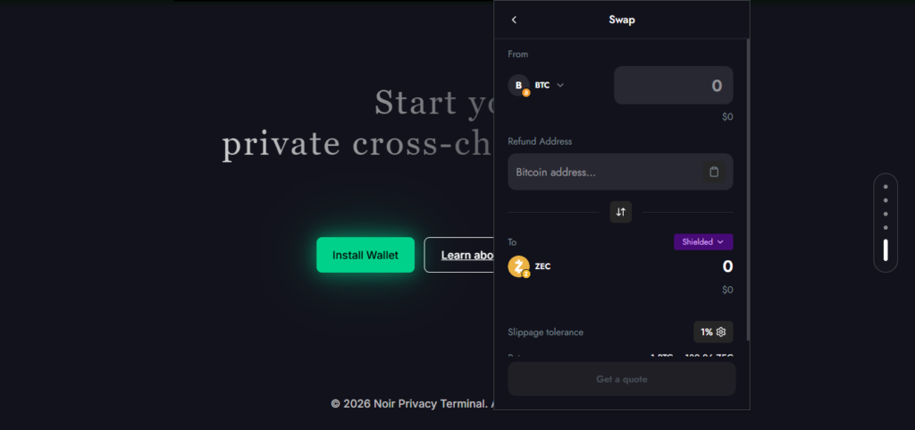 Interfaz de swap en Noir Wallet