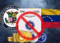 El logo del departamento del tesoro aparece junto con una bandera de Venezuela y la licencia 58 de la OFAC, la licencia aparece cubierta con una señal de prohibido.