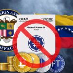 El logo del departamento del tesoro aparece junto con una bandera de Venezuela y la licencia 58 de la OFAC, la licencia aparece cubierta con una señal de prohibido.
