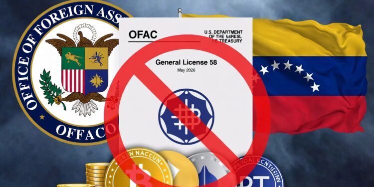 El logo del departamento del tesoro aparece junto con una bandera de Venezuela y la licencia 58 de la OFAC, la licencia aparece cubierta con una señal de prohibido.