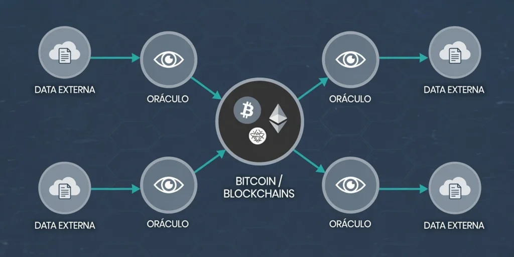 Esquema de blockchain con Bitcoin y Ethereum en el centro, conectado a oráculos que obtienen datos externos