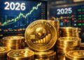 Monedas de oro tokenizado frente a pantallas bursátiles mostrando crecimiento del mercado digital en 2026.