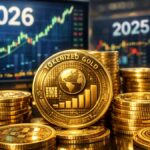 Monedas de oro tokenizado frente a pantallas bursátiles mostrando crecimiento del mercado digital en 2026.