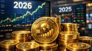 Monedas de oro tokenizado frente a pantallas bursátiles mostrando crecimiento del mercado digital en 2026.