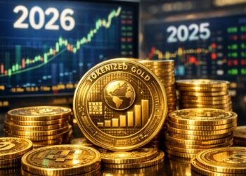 Monedas de oro tokenizado frente a pantallas bursátiles mostrando crecimiento del mercado digital en 2026.