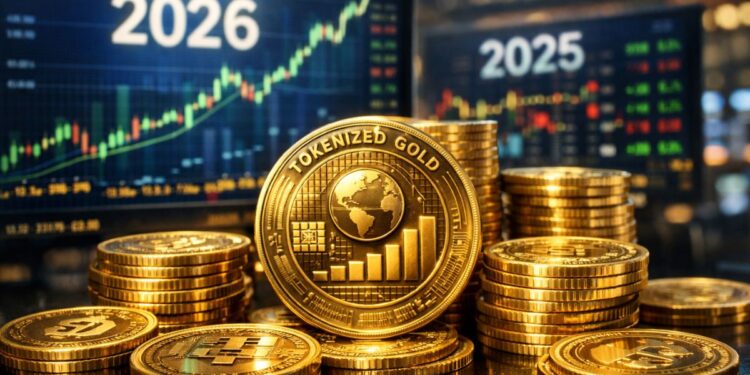 Monedas de oro tokenizado frente a pantallas bursátiles mostrando crecimiento del mercado digital en 2026.