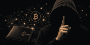 wallet de BTC y un hombre indicando "silencio".