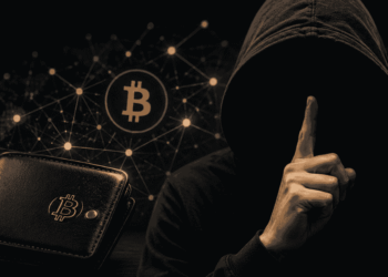 wallet de BTC y un hombre indicando "silencio".