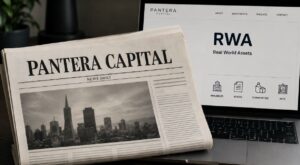 Un diario de Pantera Capital junto a un monitor que muestra RWA.