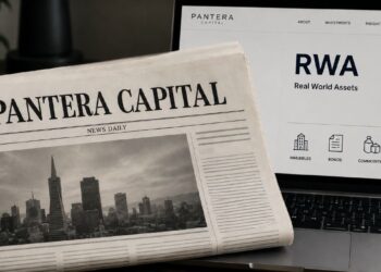 Un diario de Pantera Capital junto a un monitor que muestra RWA.