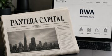 Un diario de Pantera Capital junto a un monitor que muestra RWA.