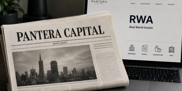 Un diario de Pantera Capital junto a un monitor que muestra RWA.