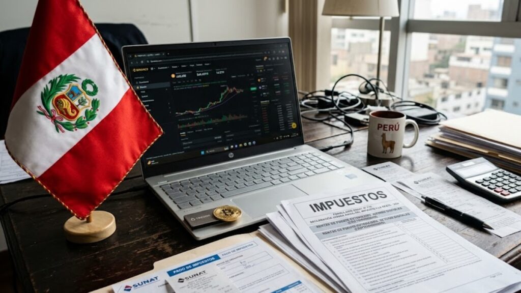 Escritorio con una laptop, una moneda física de bitcoin dorada, la bandera de Perú y documentos de impuestos.