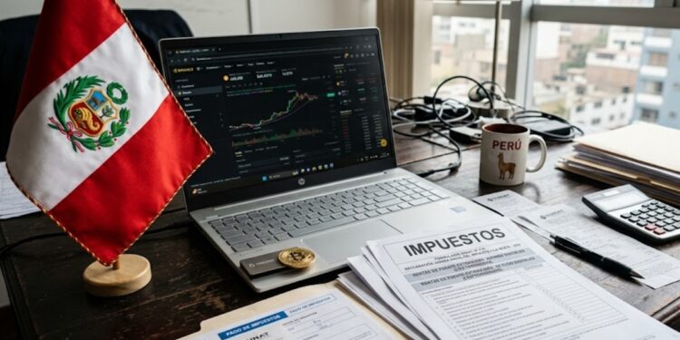 Escritorio con una laptop, una moneda física de bitcoin dorada, la bandera de Perú y documentos de impuestos.