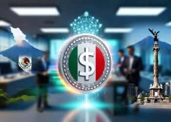 Una moneda del peso domina en el centro de la imagen aparece un mapa de El Salvador y un monumento mexicano