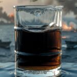 Barril de petróleo transparente con crudo adentro y un fondo bélico en el estrecho de Ormuz.