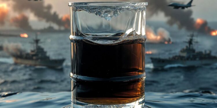 Barril de petróleo transparente con crudo adentro y un fondo bélico en el estrecho de Ormuz.