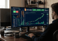 Trader mirando un monitor de computadora en el que se ve la subida de bitcoin a 80.000 dólares.
