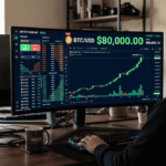 Trader mirando un monitor de computadora en el que se ve la subida de bitcoin a 80.000 dólares.