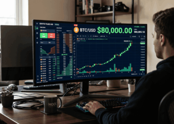 Trader mirando un monitor de computadora en el que se ve la subida de bitcoin a 80.000 dólares.