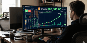 Trader mirando un monitor de computadora en el que se ve la subida de bitcoin a 80.000 dólares.