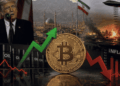 En primer plano: moneda de bitcoin con flechas rojas y verdes. En el fondo: imágenes de Donald Trump hablando, paisaje de Irán e invasión aérea sobre Irán.