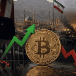 En primer plano: moneda de bitcoin con flechas rojas y verdes. En el fondo: imágenes de Donald Trump hablando, paisaje de Irán e invasión aérea sobre Irán.