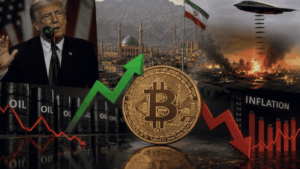 En primer plano: moneda de bitcoin con flechas rojas y verdes. En el fondo: imágenes de Donald Trump hablando, paisaje de Irán e invasión aérea sobre Irán.