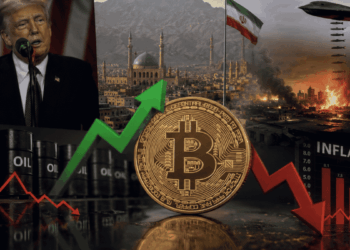 En primer plano: moneda de bitcoin con flechas rojas y verdes. En el fondo: imágenes de Donald Trump hablando, paisaje de Irán e invasión aérea sobre Irán.