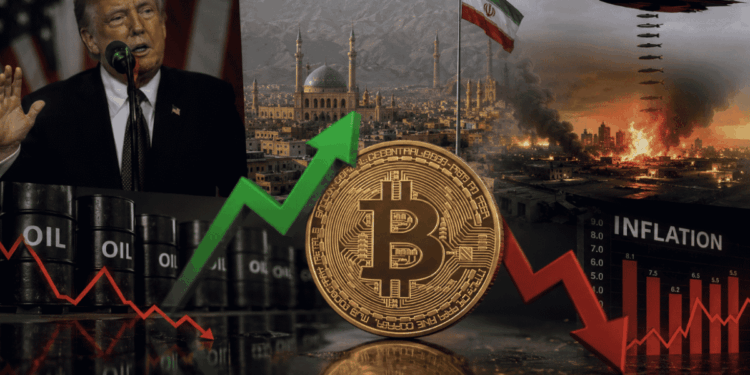 En primer plano: moneda de bitcoin con flechas rojas y verdes. En el fondo: imágenes de Donald Trump hablando, paisaje de Irán e invasión aérea sobre Irán.