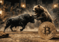 En primer plano: moneda física de bitcoin. En el fondo: una pelea entre un toro y un oso.