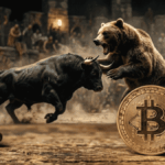 En primer plano: moneda fรญsica de bitcoin. En el fondo: una pelea entre un toro y un oso.