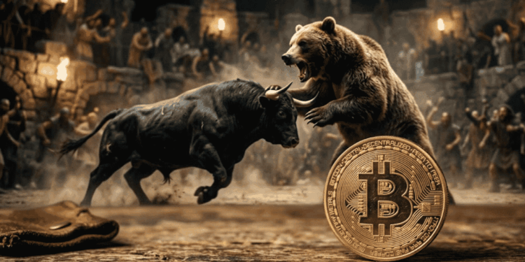 En primer plano: moneda física de bitcoin. En el fondo: una pelea entre un toro y un oso.