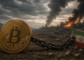 Una moneda física de bitcoin atada con una cadena a un bloque de concreto con la bandera de Irán, en un entorno de guerra.
