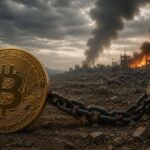 Una moneda física de bitcoin atada con una cadena a un bloque de concreto con la bandera de Irán, en un entorno de guerra.