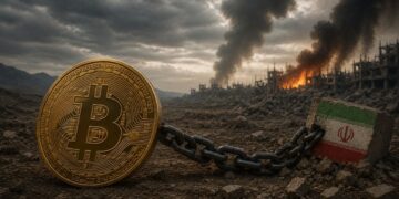 Una moneda física de bitcoin atada con una cadena a un bloque de concreto con la bandera de Irán, en un entorno de guerra.