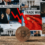 Primer plano: moneda de bitcoin sobre una mesa. En el fondo: imágenes del estrecho de Ormuz, la bandera de China, guerra aérea, bandera de Irán y el presidente Trump hablando.