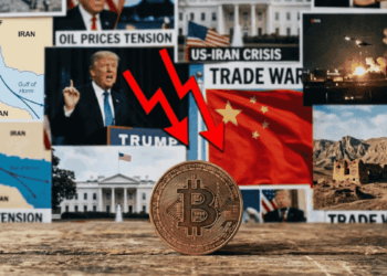 Primer plano: moneda de bitcoin sobre una mesa. En el fondo: imágenes del estrecho de Ormuz, la bandera de China, guerra aérea, bandera de Irán y el presidente Trump hablando.