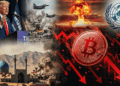 Collage de crisis financiera: Bitcoin rojo cayendo con flechas bajistas. Al fondo se incluye a Donald Trump hablando, aviones de guerra, una explosión nuclear, el logo de la OMS y un paisaje de Irán. Representa el impacto de la geopolítica y conflictos mundiales en las criptomonedas.