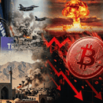 Collage de crisis financiera: Bitcoin rojo cayendo con flechas bajistas. Al fondo se incluye a Donald Trump hablando, aviones de guerra, una explosión nuclear, el logo de la OMS y un paisaje de Irán. Representa el impacto de la geopolítica y conflictos mundiales en las criptomonedas.