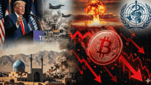 Collage de crisis financiera: Bitcoin rojo cayendo con flechas bajistas. Al fondo se incluye a Donald Trump hablando, aviones de guerra, una explosión nuclear, el logo de la OMS y un paisaje de Irán. Representa el impacto de la geopolítica y conflictos mundiales en las criptomonedas.