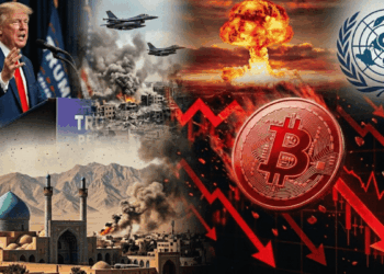 Collage de crisis financiera: Bitcoin rojo cayendo con flechas bajistas. Al fondo se incluye a Donald Trump hablando, aviones de guerra, una explosión nuclear, el logo de la OMS y un paisaje de Irán. Representa el impacto de la geopolítica y conflictos mundiales en las criptomonedas.