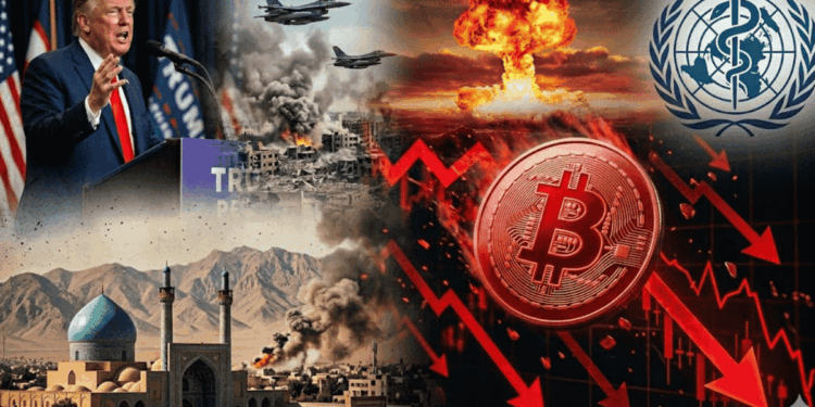 Collage de crisis financiera: Bitcoin rojo cayendo con flechas bajistas. Al fondo se incluye a Donald Trump hablando, aviones de guerra, una explosión nuclear, el logo de la OMS y un paisaje de Irán. Representa el impacto de la geopolítica y conflictos mundiales en las criptomonedas.