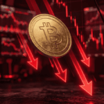 Moneda de bitcoin cayendo, con flechas rojas hacia abajo.