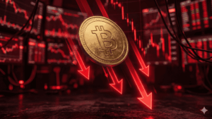 Moneda de bitcoin cayendo, con flechas rojas hacia abajo.