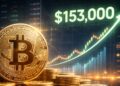 Bitcoin físico frente a gráficos alcistas proyectando un precio de USD 153.000 para finales de 2026.